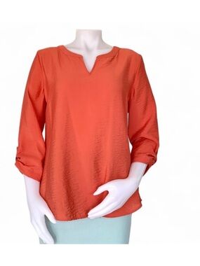 orange flowy v-neck blouse top with roll tab sleeves by Van Heusen